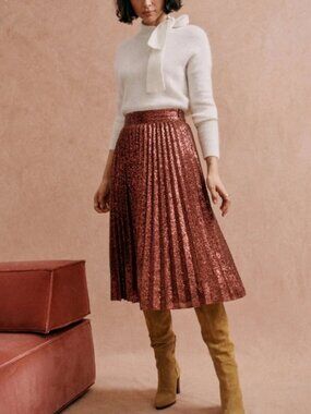 NWT Sezane Jupe Dino Pleated Sequin Midi Skirt in Bronze US Size 6 ($130)